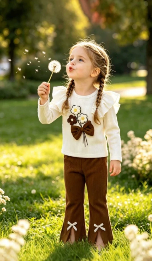 2026 Girls Fall Knit Ribbed Set 3D Floral Long Sleeve Top Bow Knot Split Flare Pants Pastoral Lovely Style