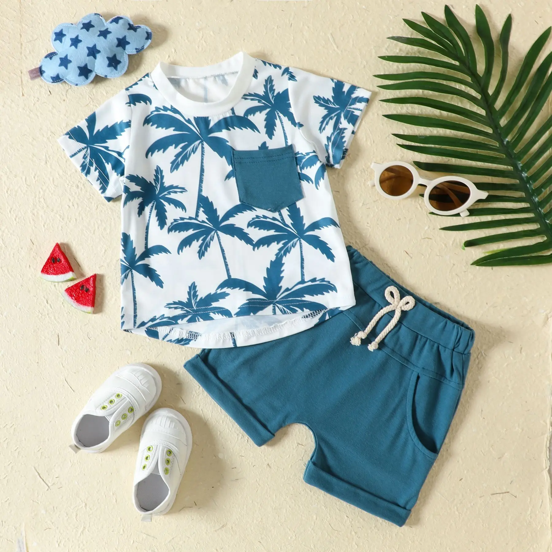 2Piece Sets Summer Newborn Boy Clothes Fashion Casual Print Beach Short Sleeve Cotton Tops+Shorts Baby Boutique Clothing BC216