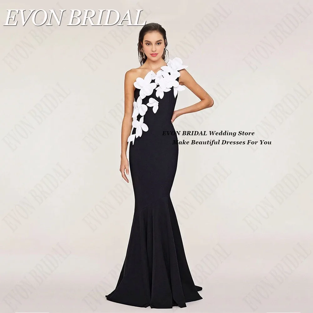 EVON BRIDAL One Shoulder Evening Gowns Black With White Flowers Sleeveless Mermaid Satin Formal Occasion Dresses Contrast Color