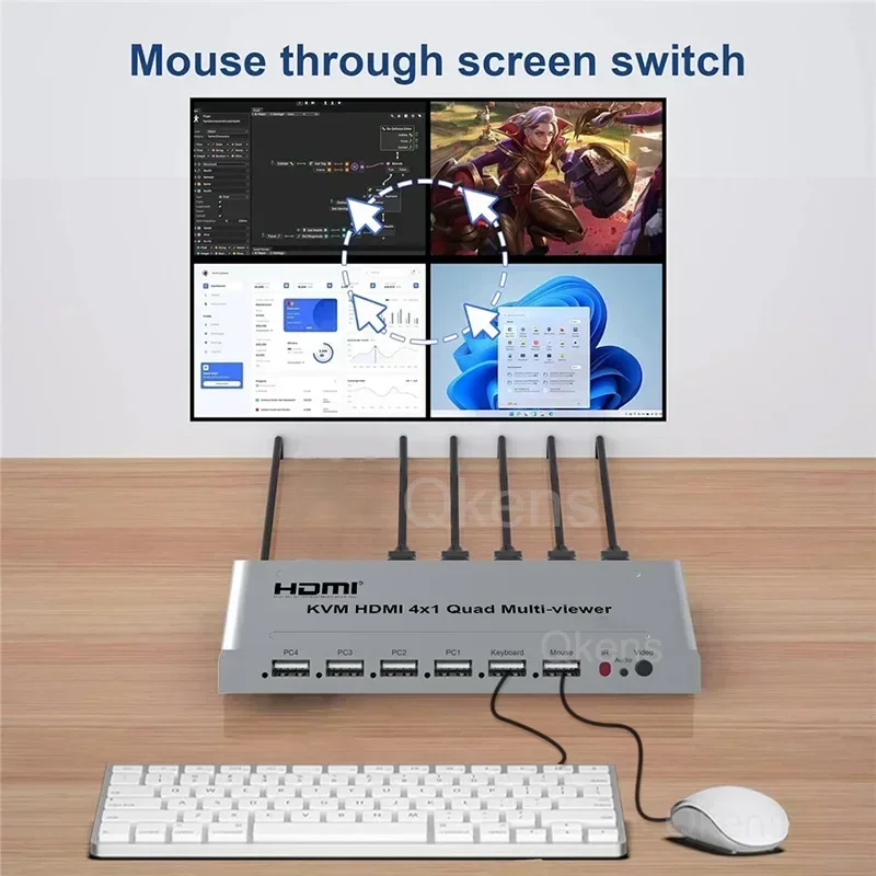 KVM HDMI 4X1 Quad Multi Viewer 4 in 1 Out Vedio Processor Screen Multiviewer Seamless Switch 1080P Supports USB Keyboard Mouse