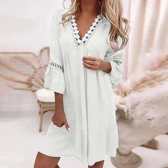 Women's V-Neck Printed Lace Patchwork Loose Comfortable Bohemian Dresses