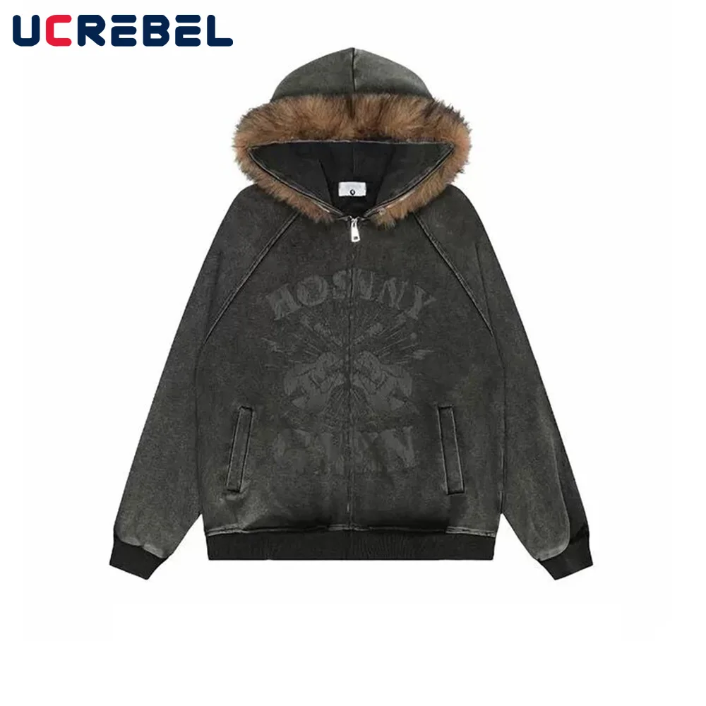 Print Hooded Jacket Mens Autumn Washed Distressed Rock High Street Loose Long Sleeve Zipper Fly Outerwear Men