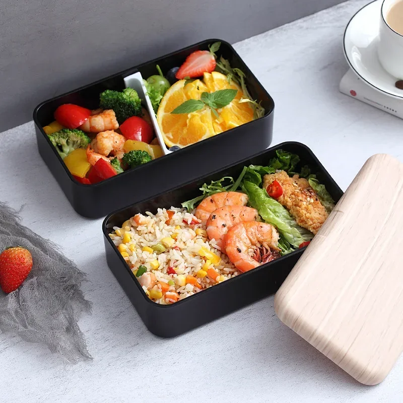 

Double Layer Portable 1200ml Plastic Food Container Healthy Lunch Box With Spoon And Fashion Wooden Cover For Microwave