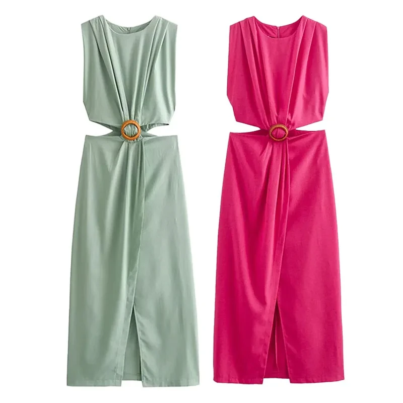 Sommerkleid für Frauen 2024, solide Taille, aushöhlen, O-Ausschnitt, ärmellos, Schlitz, lange Kleider, wild, lässig, Strand, Frau, sogar Kleid