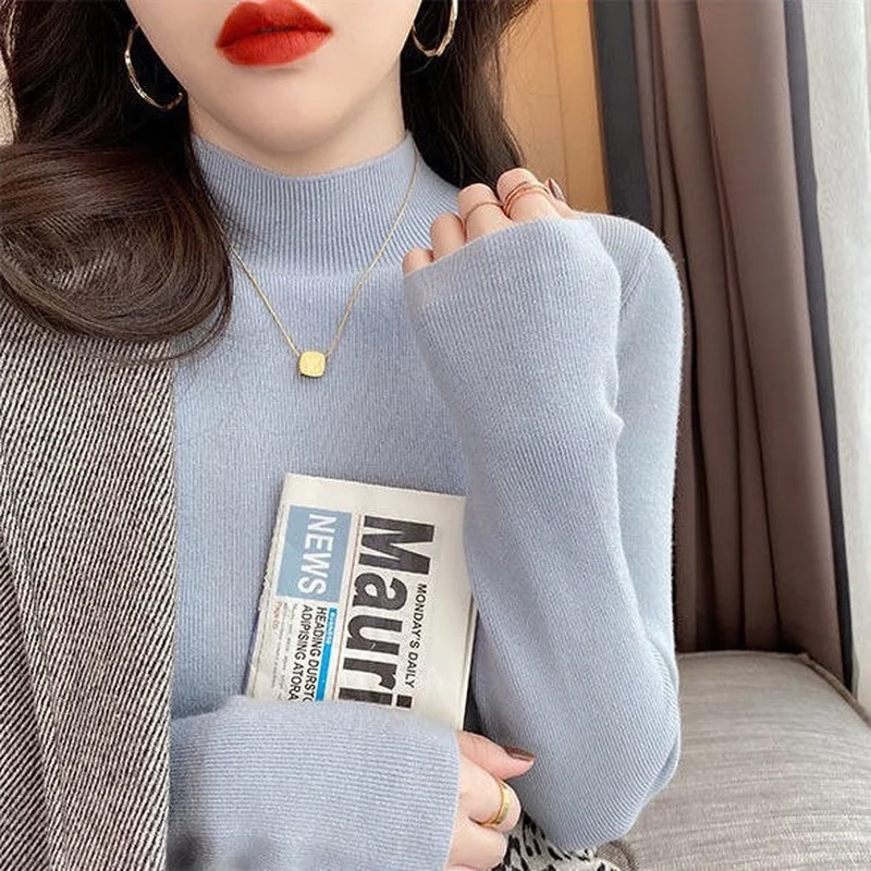 Women Mock neck Sweaters Autumn Winter Korean Slim Pullover Women Basic Tops Casual Soft Knit Sweater Soft Warm Jumper