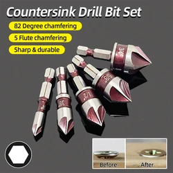 Countersink Drill Bit Set 1/4'' Hex Shank 82 Degree 5 Flute Countersunk Bit Mill Cutter Hole Cutter Wood Metal Chamfering Tools