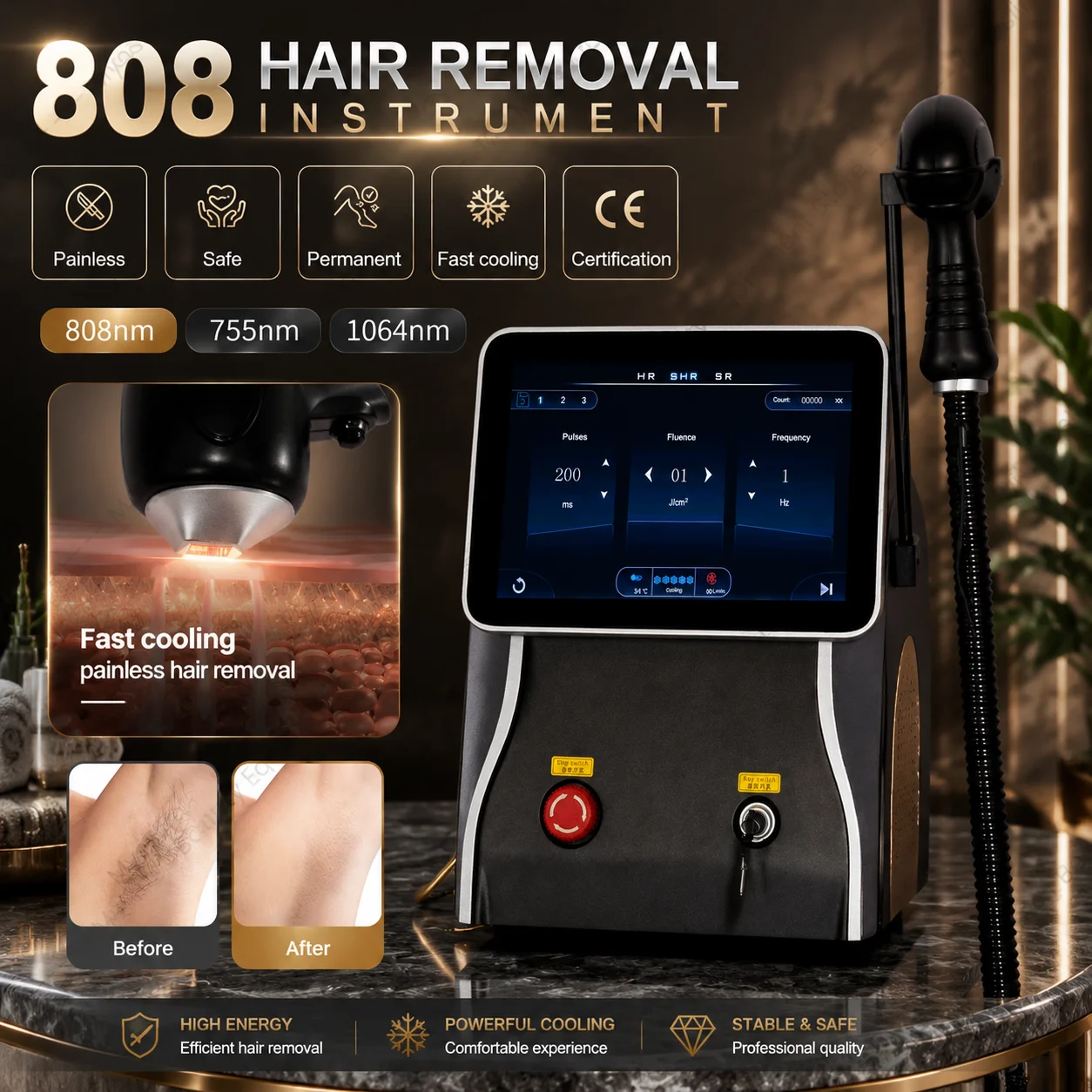 Black Professional Ice Platinum Hair Removal Machine 3 Wavelength 808Nm 755Nm 1064Nm Painless Diode Beauty Machine