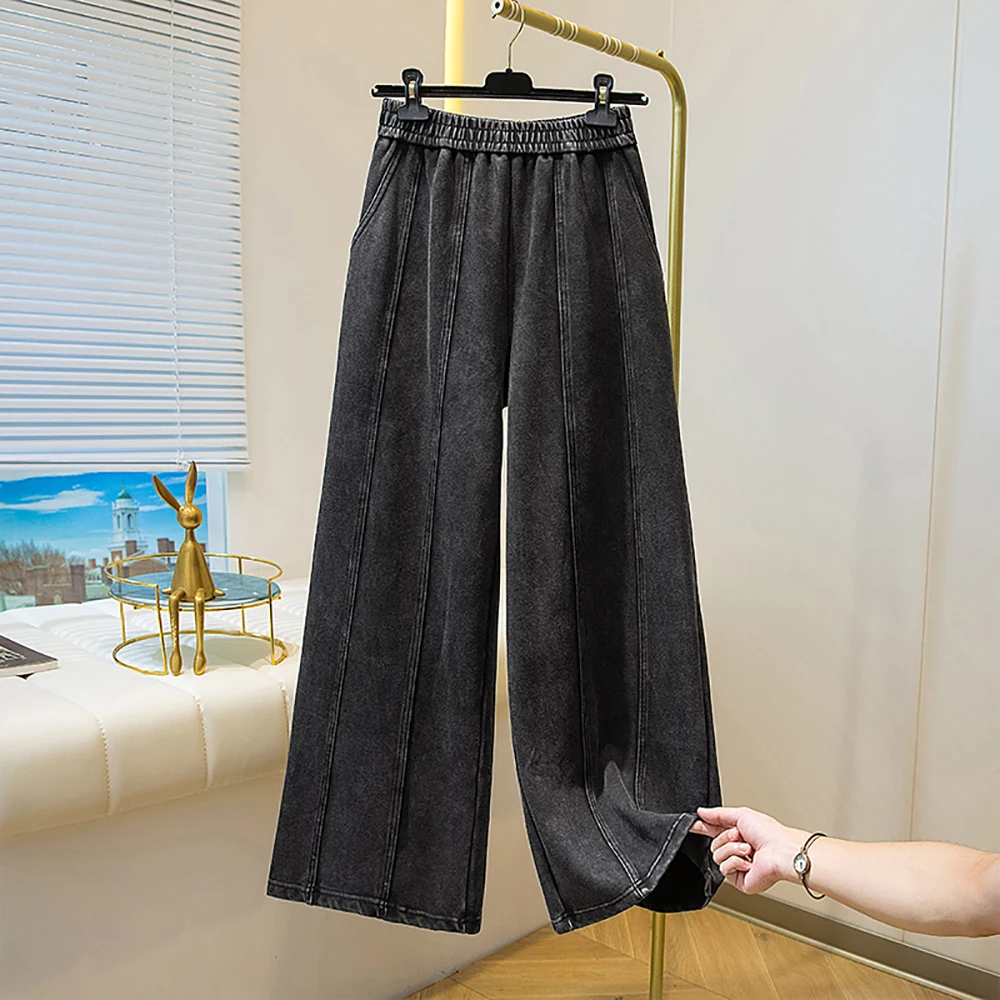 

Осень 2023, новые джинсовые брюки, женские широкие прямые эластичные джинсы на талии, однотонные джинсы, повседневные универсальные длинные брюки, уличная одежда