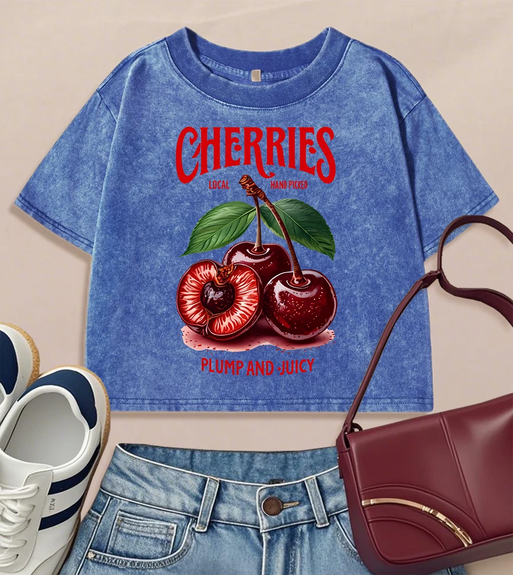 

Cherries Local Hand Picked Plump And Juicy Укороченная футболка Женская стираная повседневная футболка Хлопковый топ Хип-хоп Женский с коротким рукавом