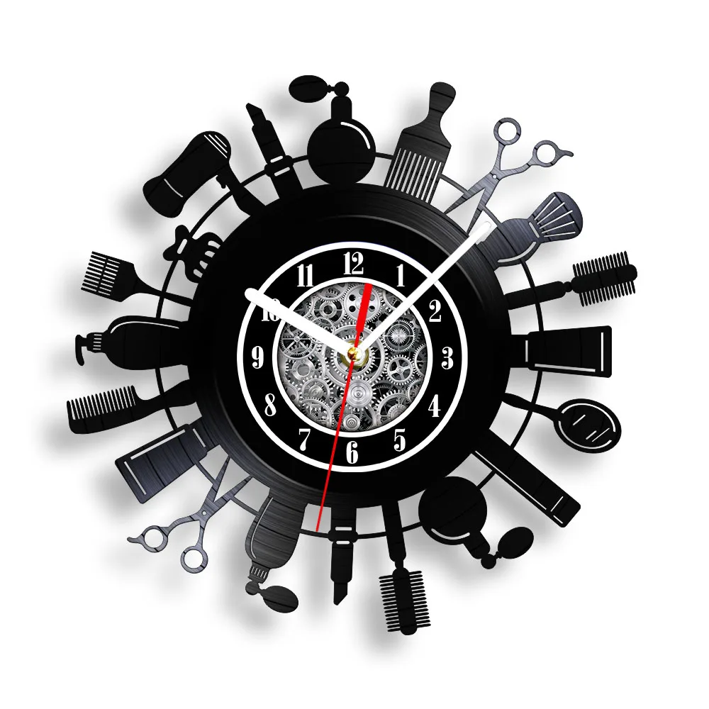 Barber Shop Supplies Laser Cut Longplay Wall Clock For Man Cave Hair Salon Hair Cutting Tools Artwork Vinyl Record Wall Clock