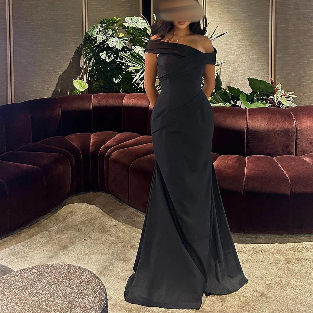 

Customized Jersey A-Line Off the Shoulder Buttons Evening Dress Floor Length Short Sleeves Zipper Back Panel Train Fashion