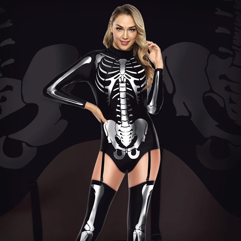 Zawaland-bodysuit impressão caveira de Halloween para mulheres, fantasia Cosplay sexy, macacão emendado, festa engraçada Onesie, carnaval, feminino