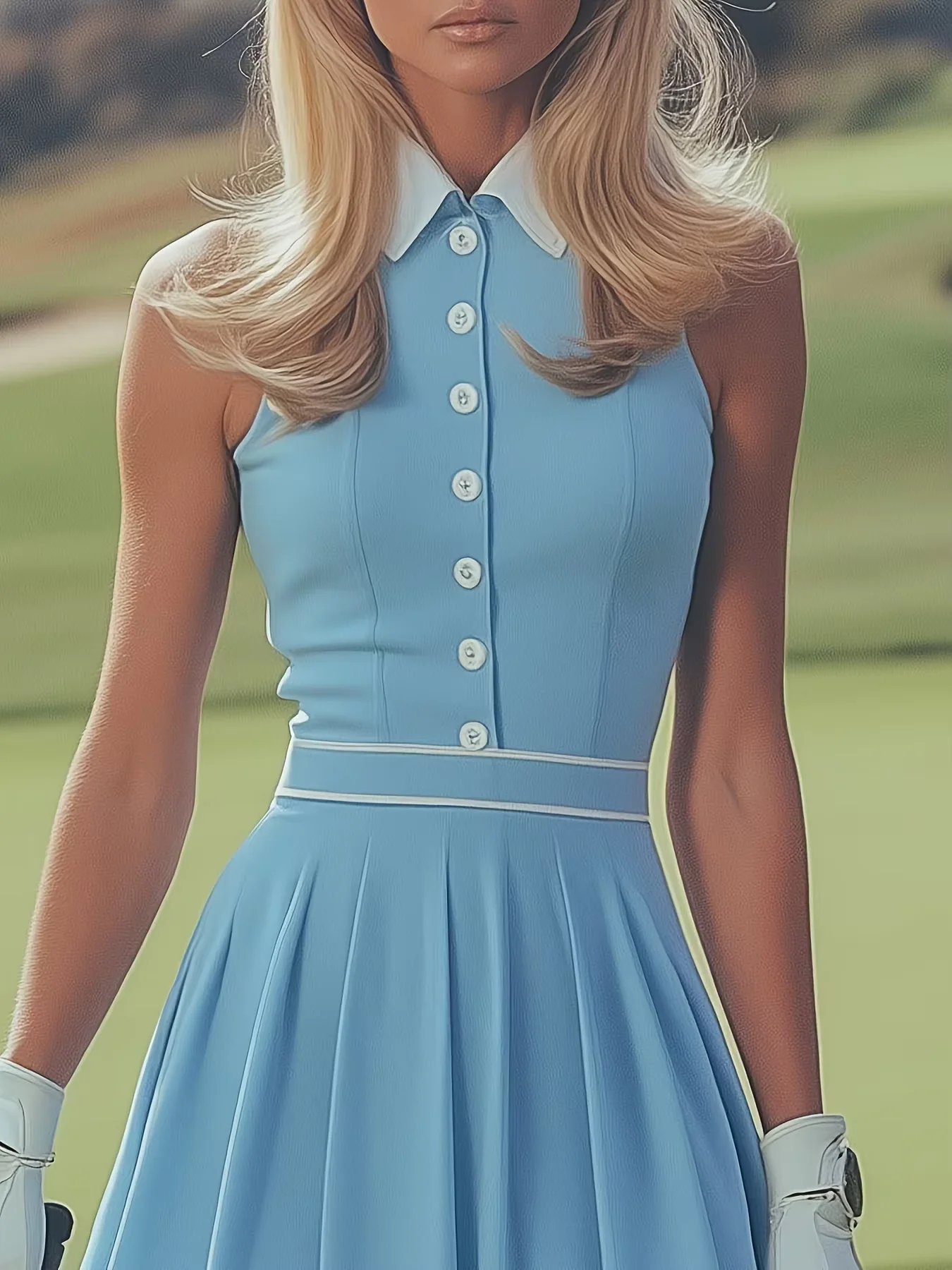 Damen High-Fashion Ärmelloses Kleid Weiß mit Dekorativem Himmelblauem Revers Halb-Reißverschluss-Design für Stilvolle Frauen – Detail 2