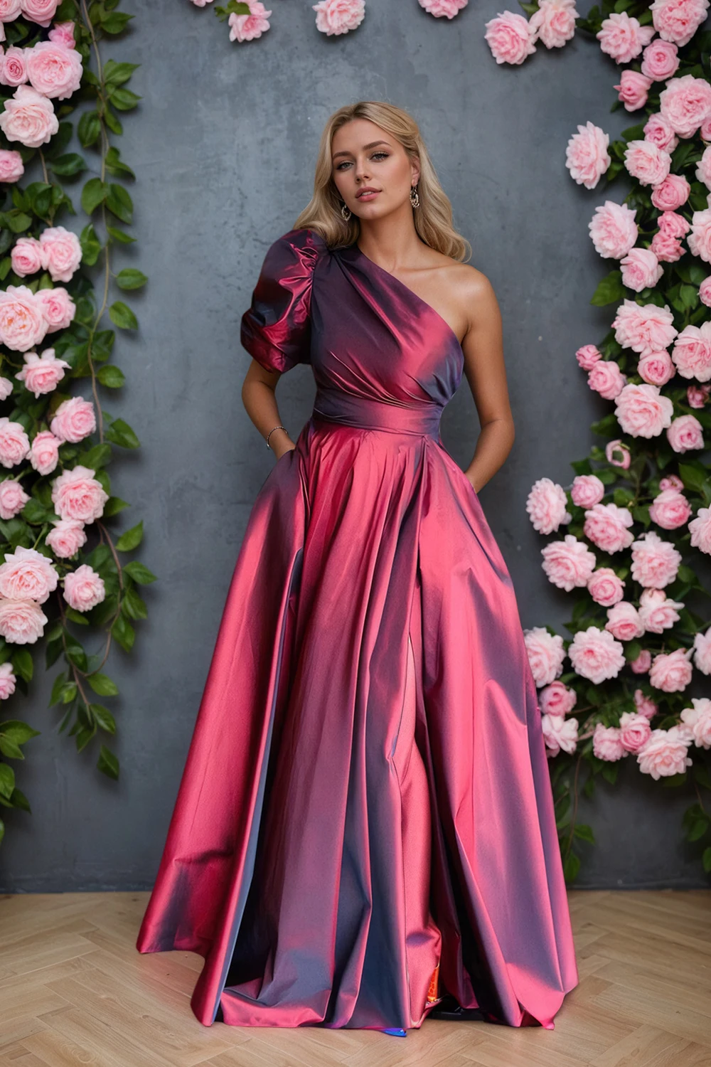 

Women One Shouder Puff Sleeve Party Evening Dress Sexy High Split Elegant Cocktail Maxi Dresses Plus Size Pleated A Line Dress