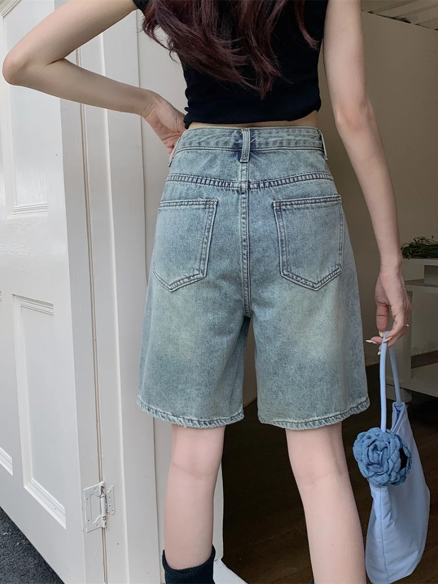 

High Waist Wide Leg ort Jeans Women's plus Size Slimming Straight Cut Summer Blue Denim Five-Quarter Length Zipper Closure
