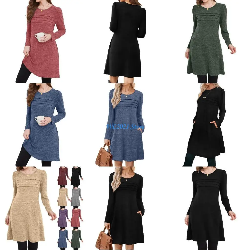 

G5GC Womens Long Sleeve Tunic Dress Fall Fashion Sweater Dress with Pockets Pleated Front Casual Winter