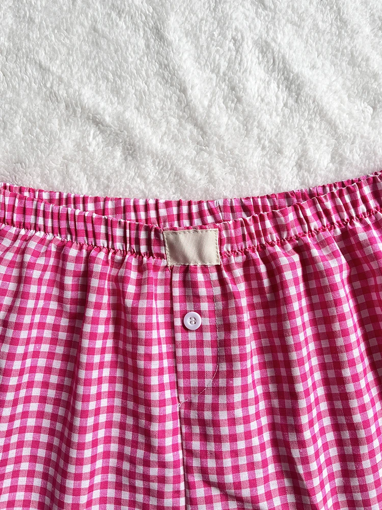 Gingham Boxer Shorts for Women Teen-girls Elastic Waistband Pull-on Red Blue Plaid Shorts Outfit Casual Lounge Summer Shorts