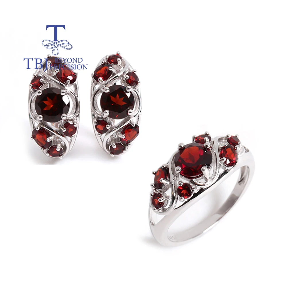 

Gorgeous fashion 100% Natural Mosambian Garnet Ring Earring Set 925 sterling silver Real gem fine jewelry for women