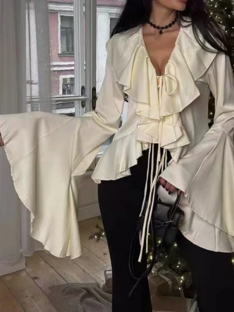 

Beautyblue Fashion Chic V-Neck Shirts Women's Flared Sleeves Blouses Sexy Black White Straps Loose Luxury Autumn Ladies Clothes