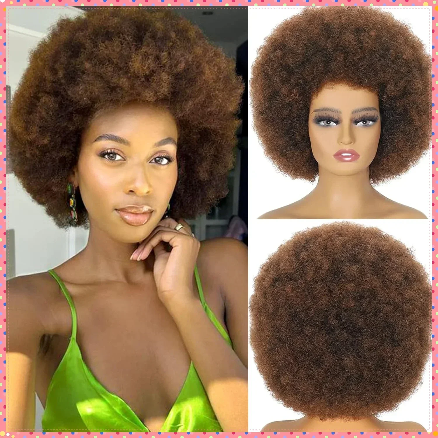 Synthetic Afro Curly Wig with Bangs for Women, Short Kinky Mix Brown Fiber Hair, Natural Style, Party Cosplay Costume Synthetic