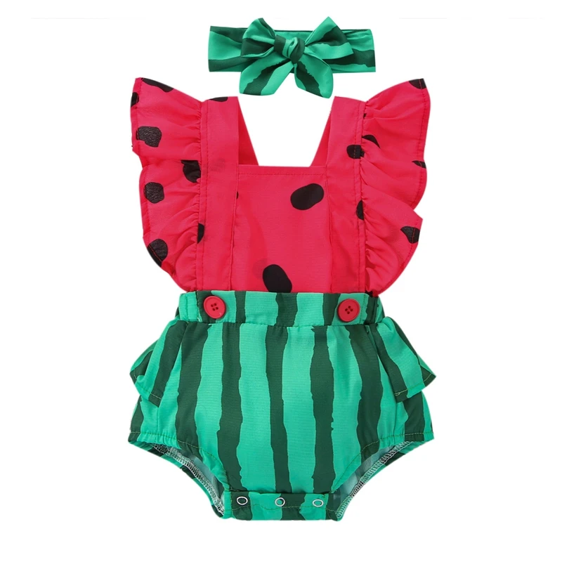 Toddler Baby Girl Romer Outfit Summer Watermelon Printing Bodysuit Square Neck Fly Sleeve Jumpsuit Headband Clothes