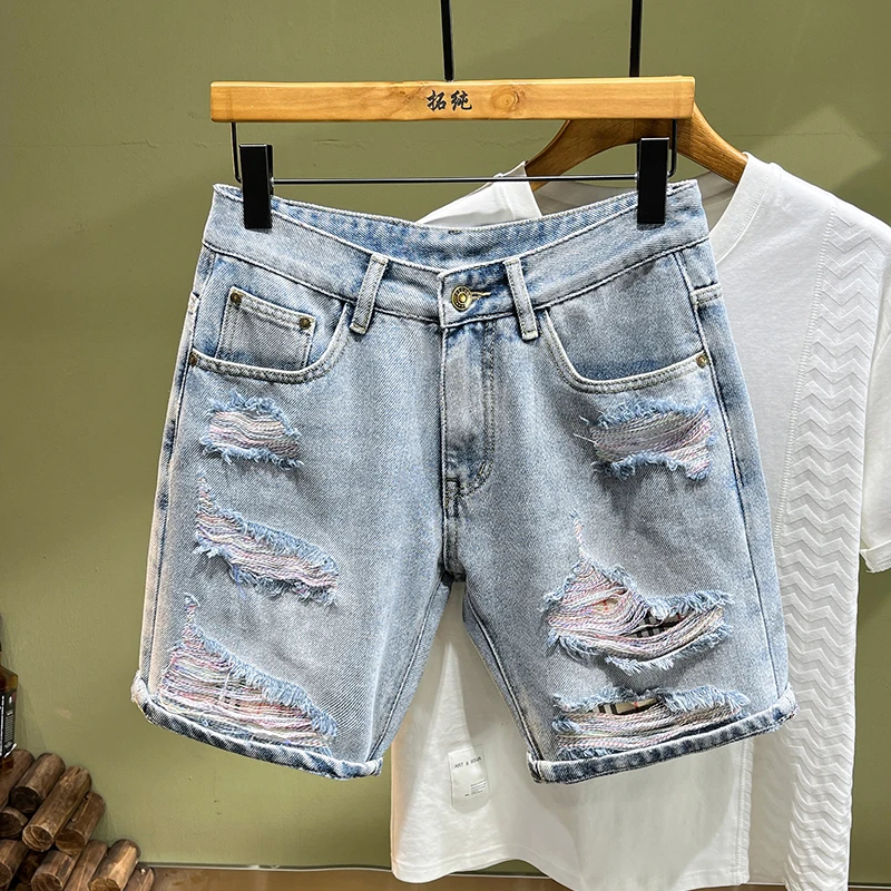 2024 summer new high-end rainbow blue patchwork patch men\'s straight jeans shorts handsome personality hole in the pants