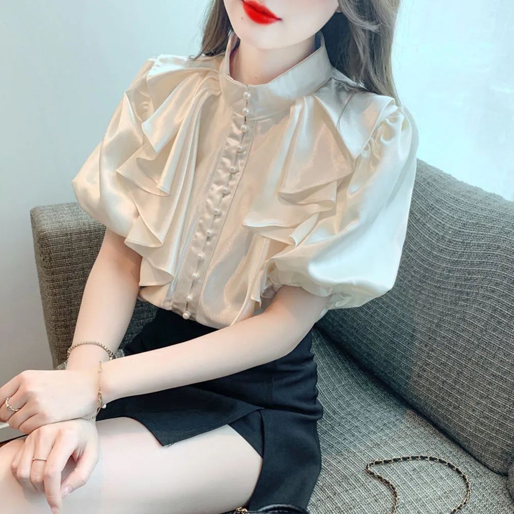 

Elegant Satin Shirt Office Lady French Short Bubble Sleeves Ruffles Beading Blouse Women Gentle Casual Loose Stand Collar Tops