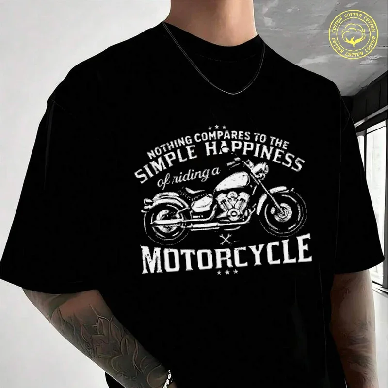

Simple Happiness Biker Motorcycle Motorbike Men's Women Summer Cotton T-shirt Moto Short Sleeved Casual Basic TShirt Unisex Tops
