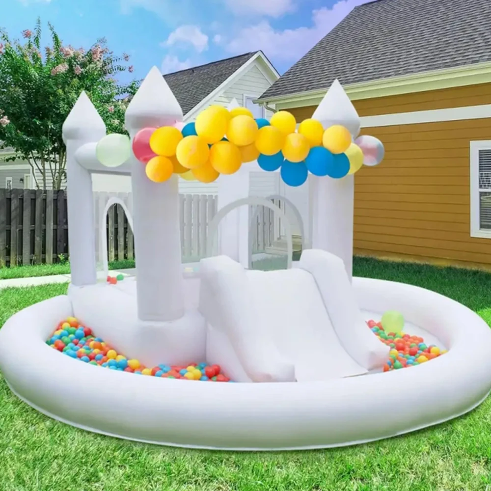 Casa hinchable inflable, castillo hinchable blanco de 11 pies con tobogán de bola para fiesta de boda y patio trasero