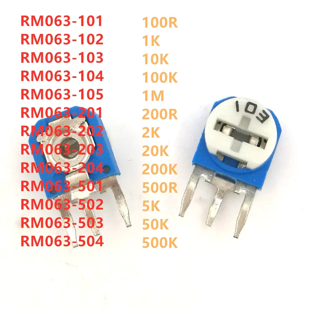 50PCS RM063 Blue and White Adjustable Resistance WH06 Potentiometer 100R 1K 10K 100K 1M 200R 2K 20K 200K 500R 5K 50K 500K