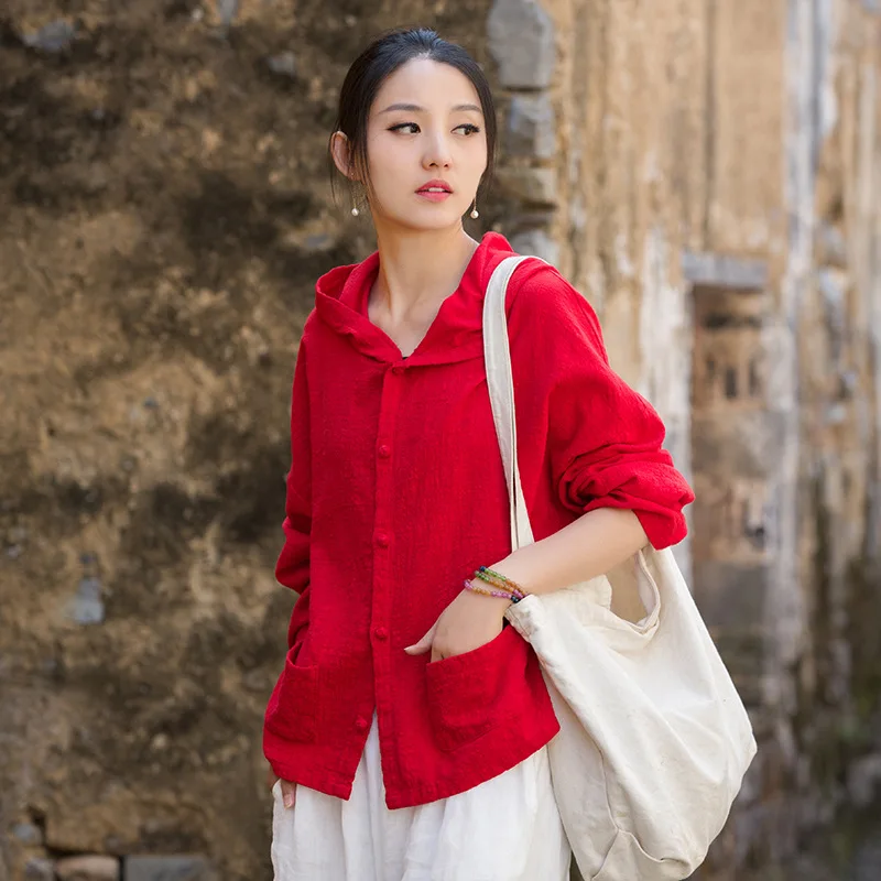 

Cotton Linen Women's Sandwashed Hooded Shade Tops Casual Literary Women's Cardigan Long Sleeve Shirt Soft and Breathable