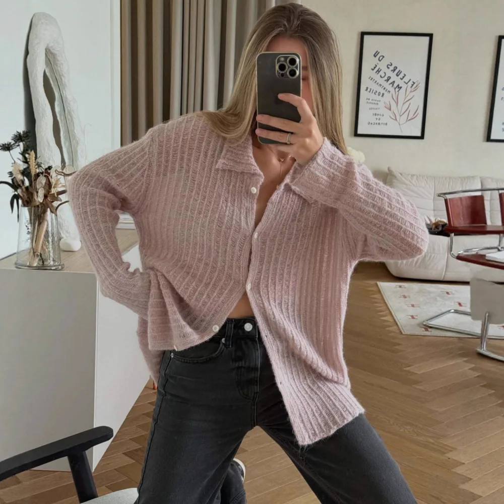 

Blifanbo Loose Polo Collar Knitted Cardigan Sweater Women Long Sleeve Single Breasted Hollow Out Coat Knitted Sweater Streetwear