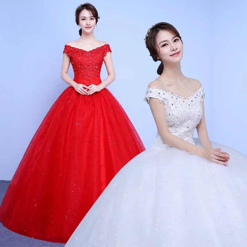 Customized Red White Wedding Dress New Bride Dress Ball Gowns One-shoulder Vestido De Noiva Lace Up Plus Size Wedding Dresses