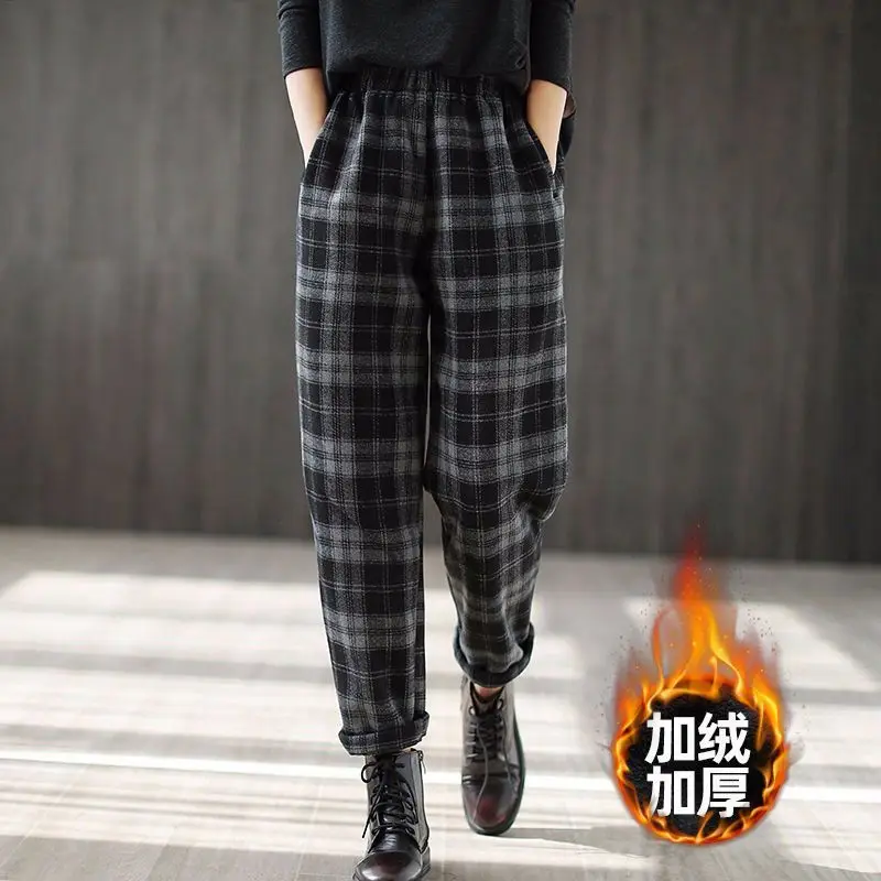 

Women Winter New High Waist Elastic Woolen Plaid Pants Commuter Fashion Pocket Fleece Thickened Leisure Versatile Harlan Pants