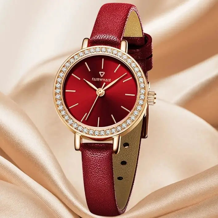 Mark Fairwhale Luxury Women's Quartz Watch Red Dial Leather Strap Diamond Case Rose Gold Fashion Montre Femme