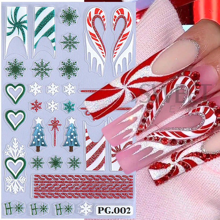 5D Red White Glitter Threaded Christmas Nail Stickers Snowflake Candy Cane Snowman Cookie Man French Plaid Sweater Winter Decor