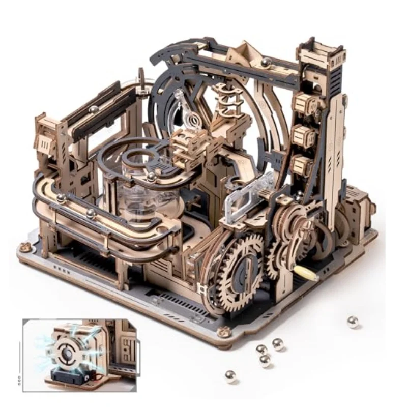 Robotime Rokr Electric Model Kits Marble Spaceport 3D Puzzles Brain Teaser Wooden Puzzles Building Toy Gifts for Men/Women/Teens