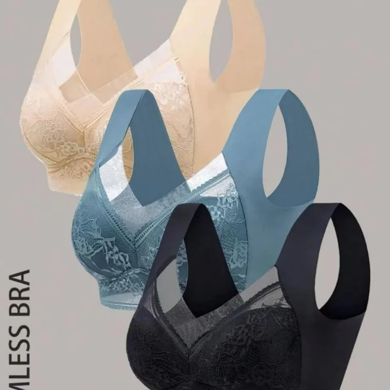 طقم حمالة صدر دانتيل بدون خياطة مكون من 3 قطع للنساء، حمالة صدر رياضية لاسلكية، حمالة صدر رافعة، حمالة صدر للنساء - حمالة صدر لاسلكية للنساء