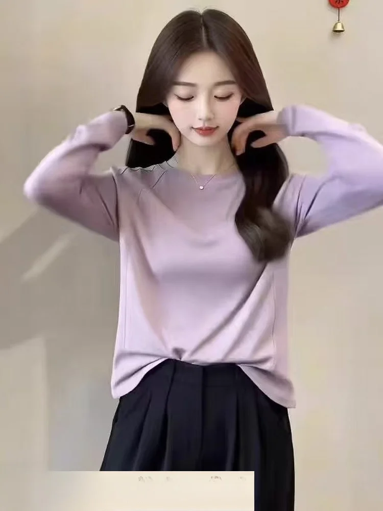 Purple Simple Pure Cotton Long Sleeve Women's T-shirt Spring Autumn Loose Fit Base Shirt Shoulder Appropriate Casual Top