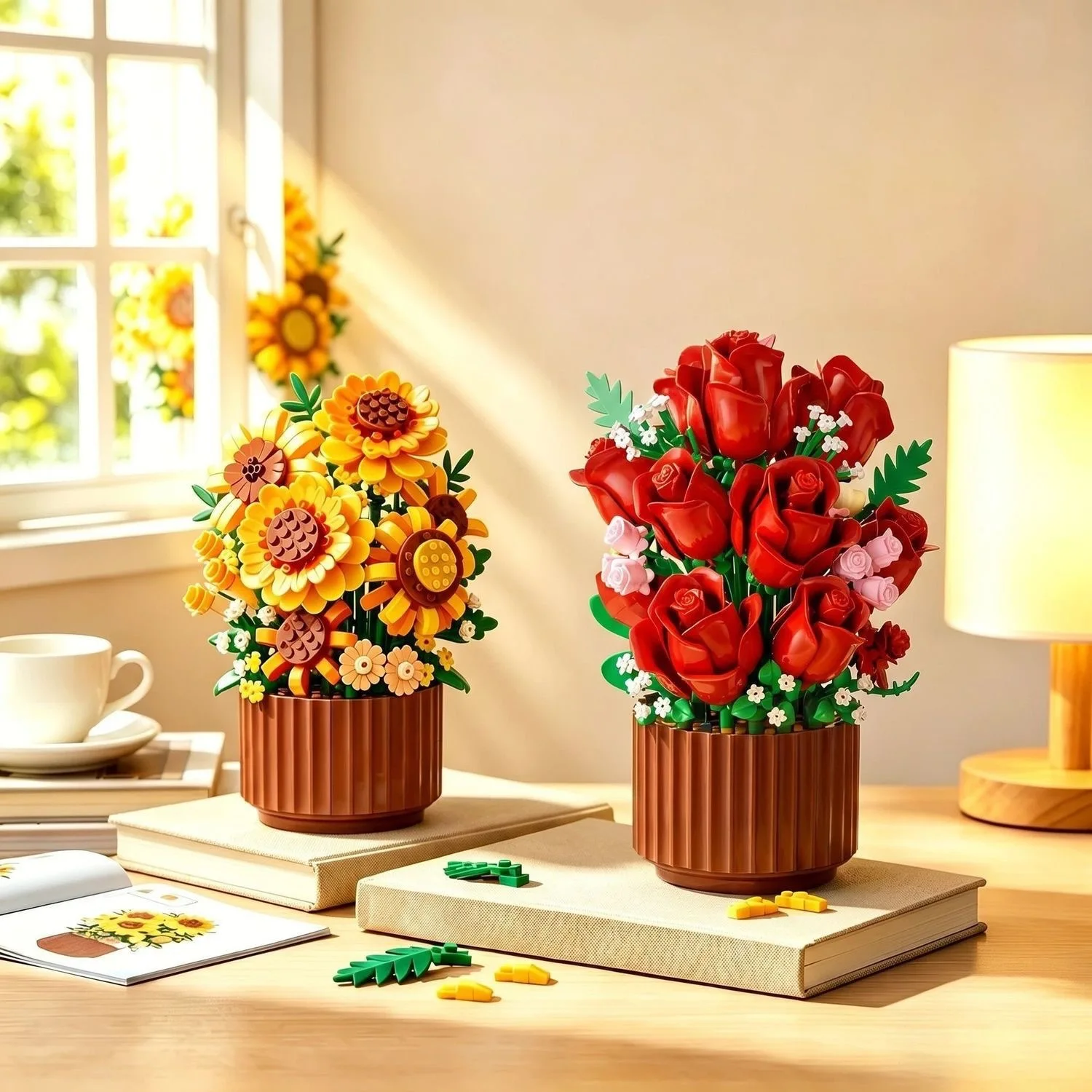 Building Block Flower Sunflower Rose Potted Bouquet Diy Assembly Ornament Home Desktop Decor Valentine Day Romantic Gift