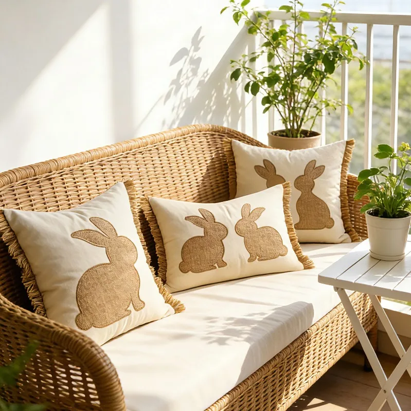 

2-piece Hemp Rope Rabbit Embroidery Cushion Cover with Tassels Easter Decorative Pillow Cover Spring Outdoor Garden Home Decor