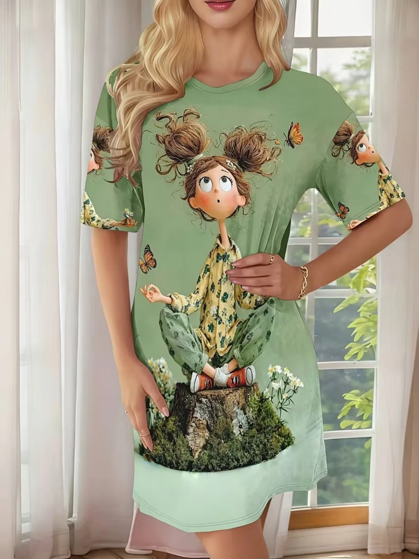 Forest-Style Hand-Painted Cartoon Girl with Crossed Legs, Butterfly, Flower, and Tree Stump Pattern, Women's Round-Neck Short-Sleeve Home Sleep Dress