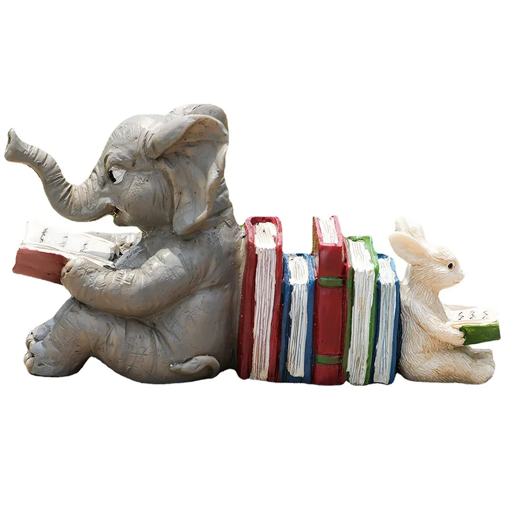 Statue de livre de lecture d'éléphant de lapin en résine réaliste, décoration de maison, jardin, Patio, bureau, Sculpture animale artistique