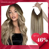 VeSunny-extensión de cabello humano con línea de pescado, cabello Natural de una pieza, trama de cabello de alambre Invisible con 2 Clips, cabello Remy Rubio suave