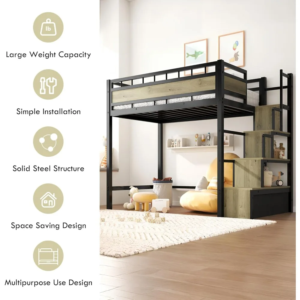 سرير علوي معدني مزدوج الحجم مع سلالم وأدراج تخزين، إطار سرير عالي التحمل موفر للمساحة للمراهقين والصغار، بدون صندوق زنبركي #4