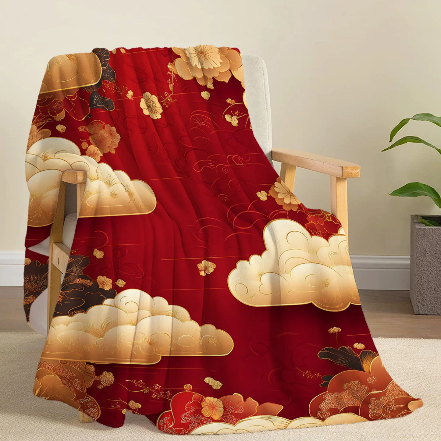 Modern cherry blossom pattern blanket, machine washable, made of polyester, suitable for use in bedrooms, living rooms and sofas