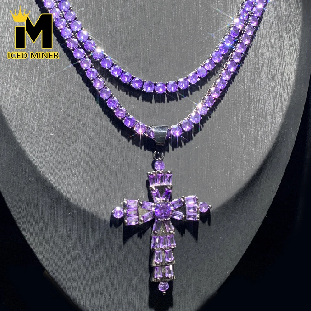 

Icedminer Purple Cross Pendant Iced Out Tennis Link Chain Necklaces Set Men Women Bling Zircon Hip Hop Jewelry Free Shipping