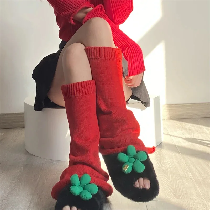 المرأة الأحمر تدفئة الساق طويلة محبوك غطاء للقدم موضة الشتاء طماق الجوارب اليابانية Y2K التمهيد الأصفاد تأثيري اكسسوارات