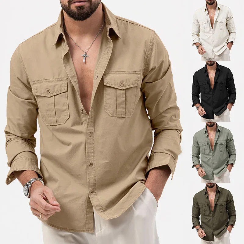 2024 Spring Summer New Casual Loose Cotton Men Top Fashion Double Pocket Male Long Sleeved Shirt