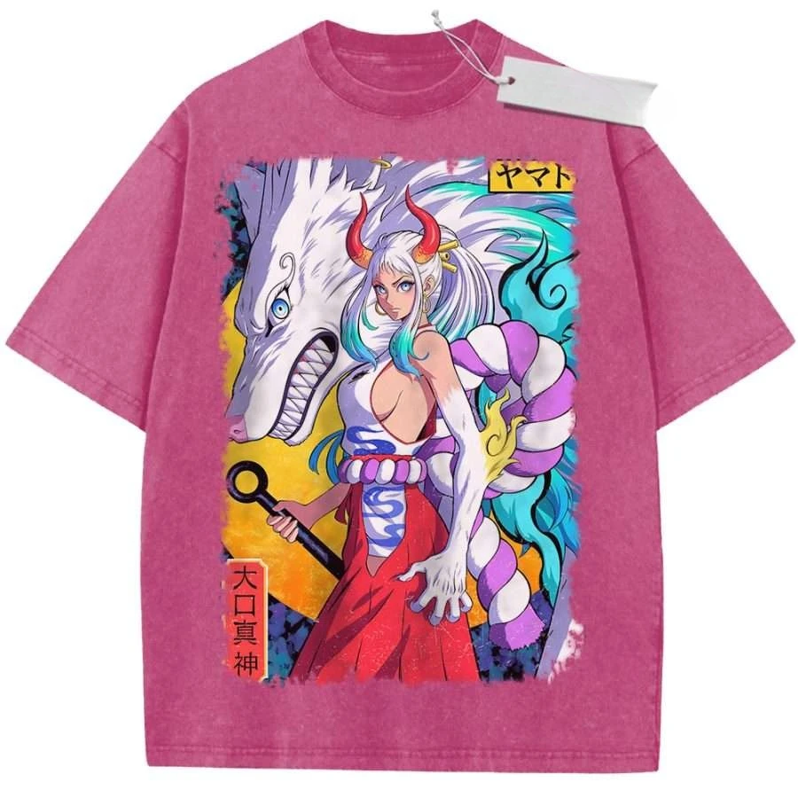 Vintage Washed Pink T-Shirt One Piece Anime Yamato White Wolf Print Oversize Streetwear Top Casual Daily Wear ​